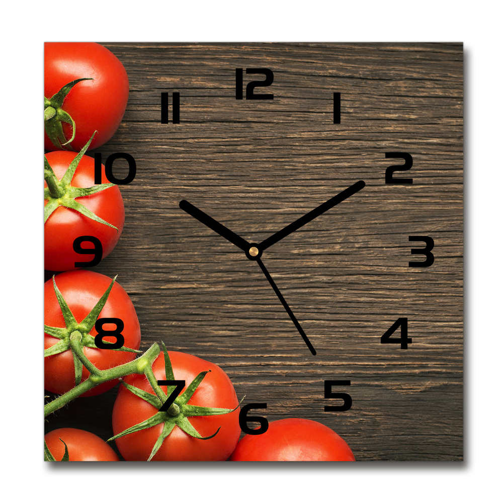 Square glass wall clock Tomatoes on wood