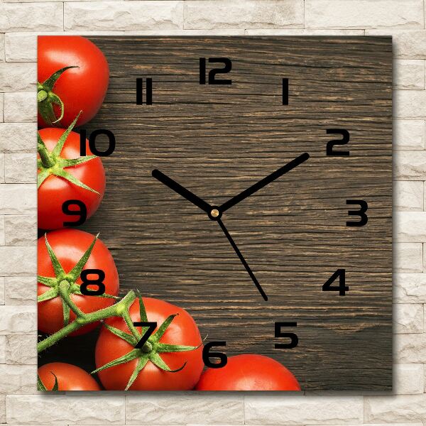 Square glass wall clock Tomatoes on wood