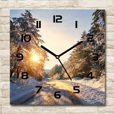 Square wall clock Road in the forest in winter