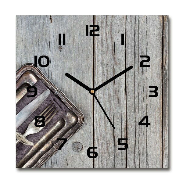 Square glass wall clock Cutlery on boards