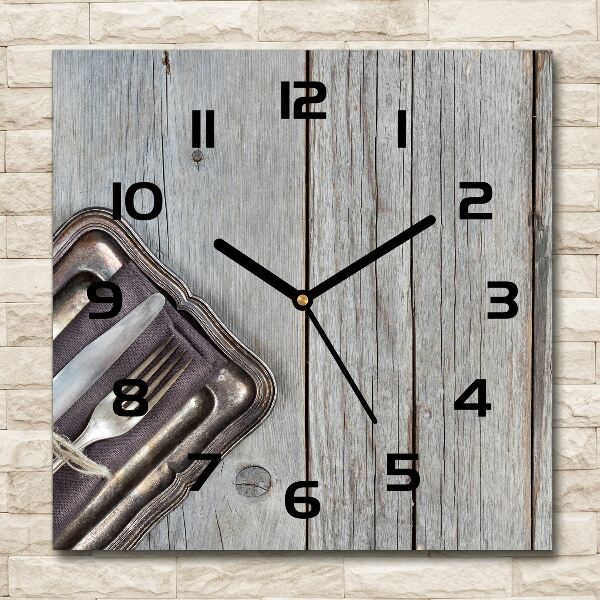 Square glass wall clock Cutlery on boards