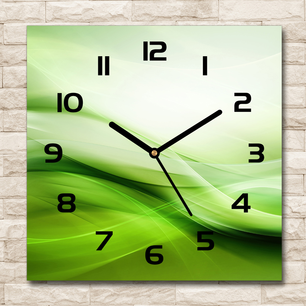 Square glass wall clock Green waves