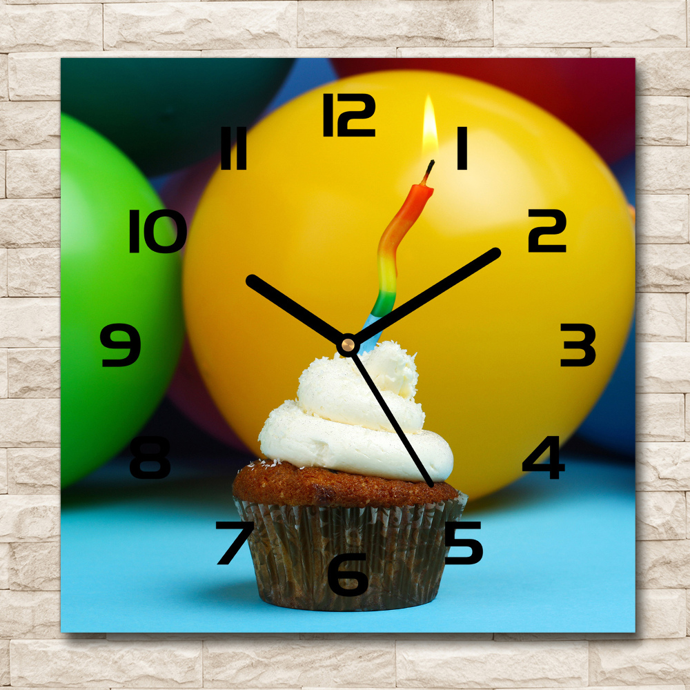 Square glass wall clock Birthday cupcake