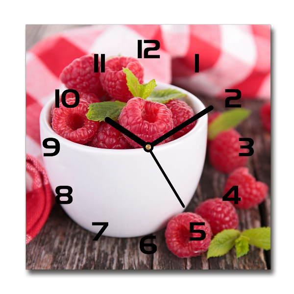 Square glass wall clock Raspberries in a bowl