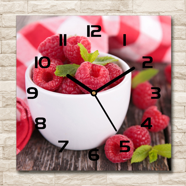 Square glass wall clock Raspberries in a bowl