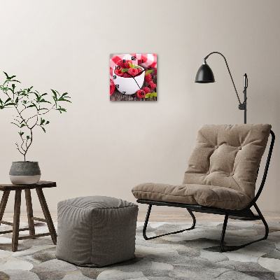 Square glass wall clock Raspberries in a bowl