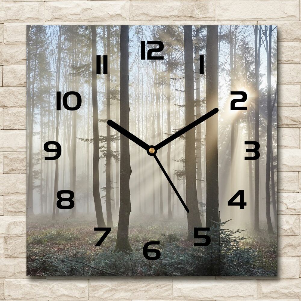 Square glass wall clock Fog in the forest