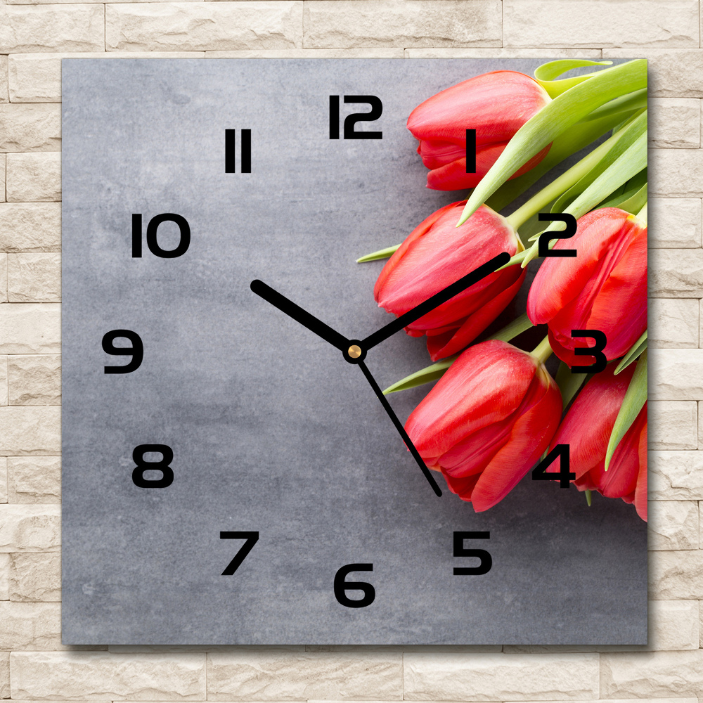 Square wall clock Red tulips