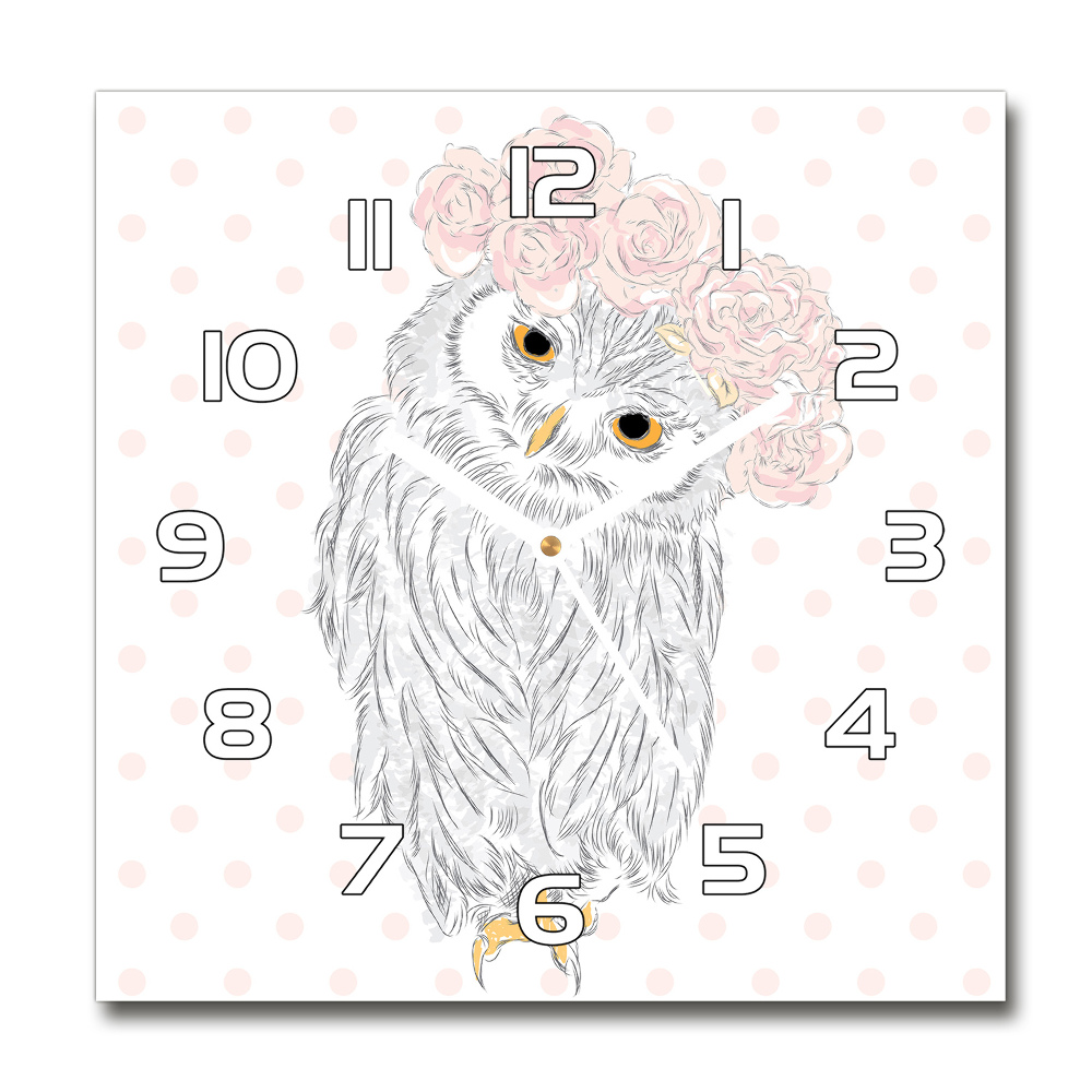 Square glass wall clock Owl in a wreath