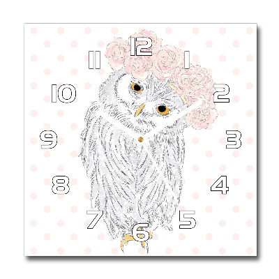 Square glass wall clock Owl in a wreath