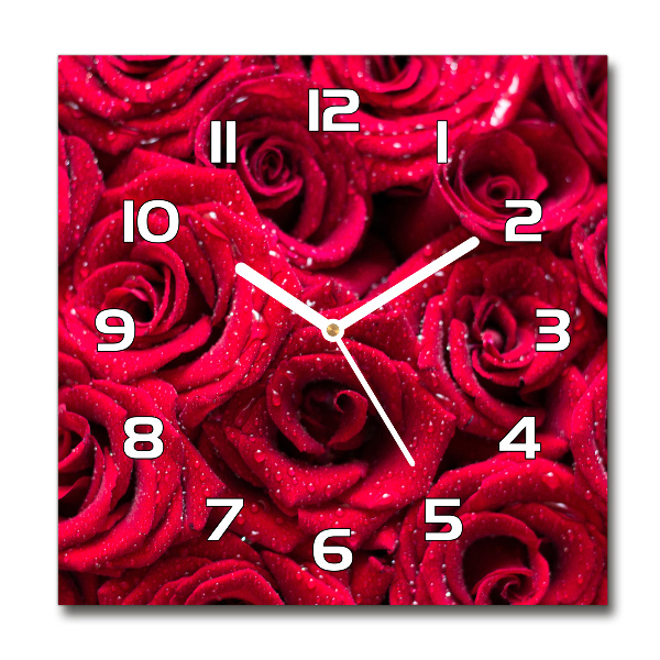 Square glass wall clock Drops on roses