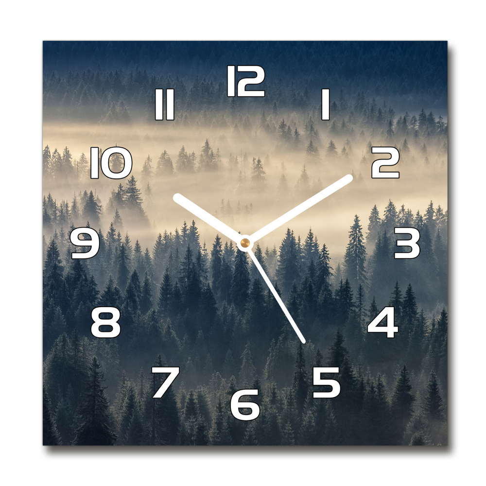 Square glass wall clock Fog over the forest