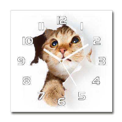 Square glass wall clock Cat in a hole