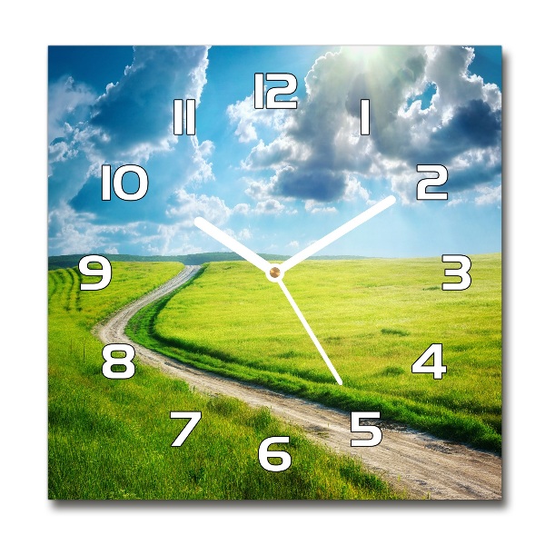 Square glass wall clock Path in the meadow