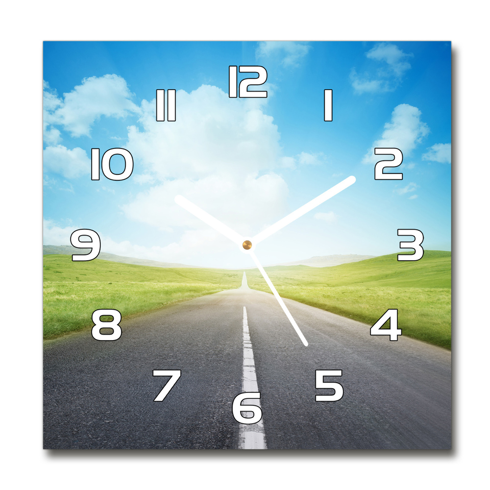 Square glass wall clock Road through the meadow