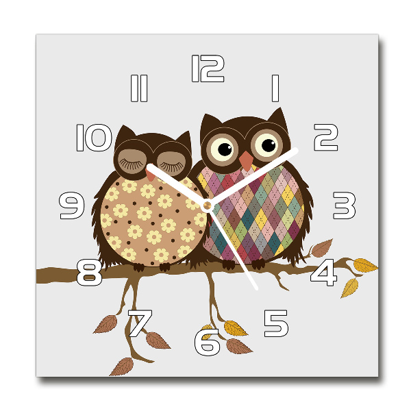 Square glass wall clock Two owls on the branches