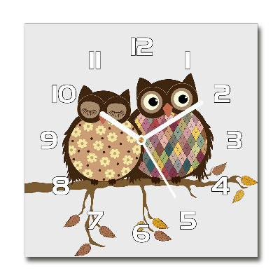 Square glass wall clock Two owls on the branches