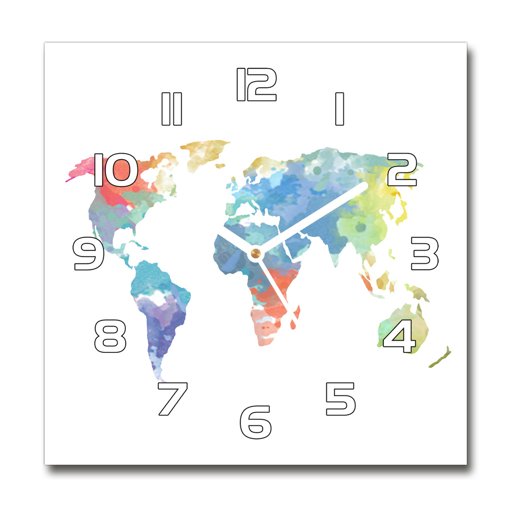 Square glass wall clock world map