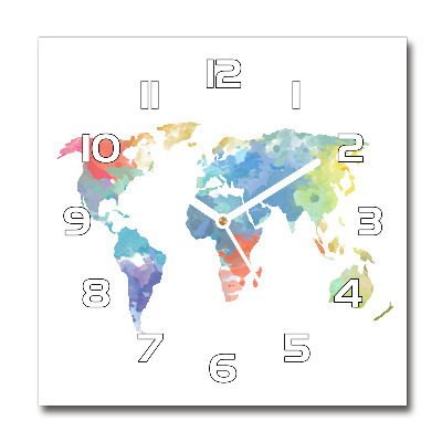 Square glass wall clock world map