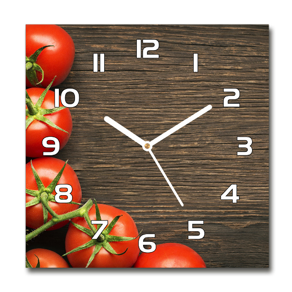 Square glass wall clock Tomatoes on wood