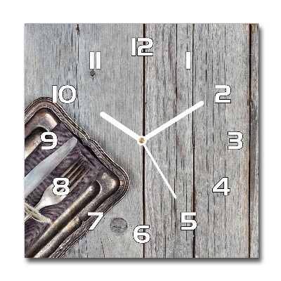 Square glass wall clock Cutlery on boards