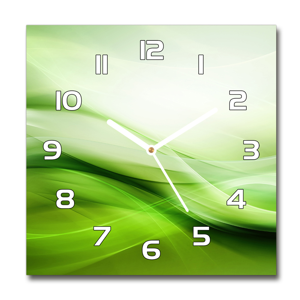 Square glass wall clock Green waves