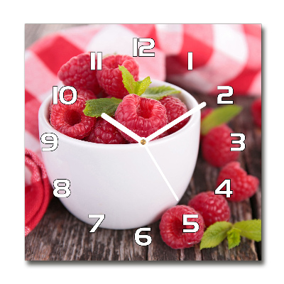 Square glass wall clock Raspberries in a bowl