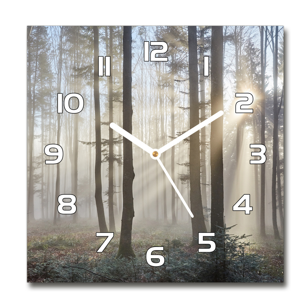 Square glass wall clock Fog in the forest