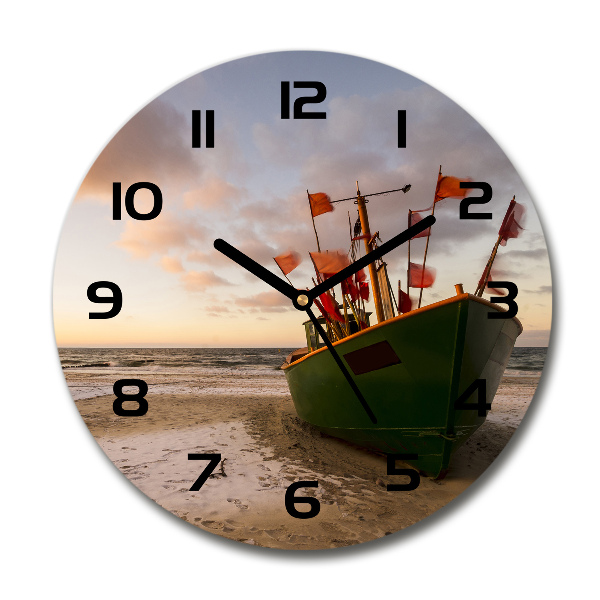 Round glass wall clock Fishing boat beach