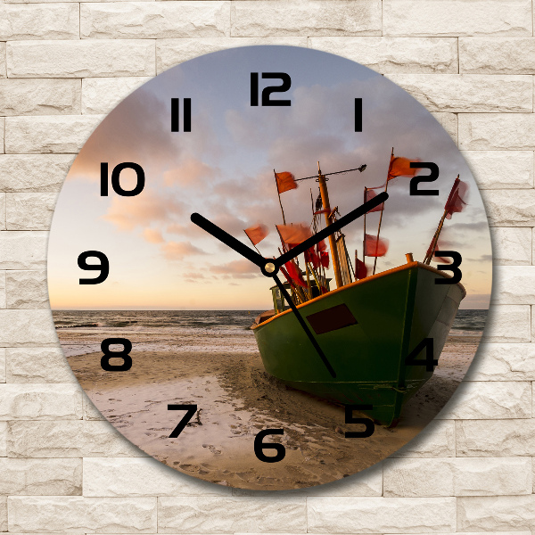 Round glass wall clock Fishing boat beach