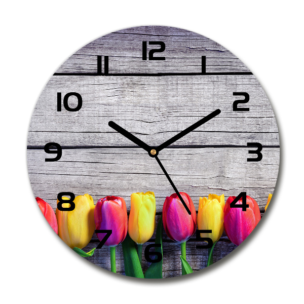 Round wall clock Tulips on wood