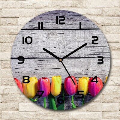 Round wall clock Tulips on wood