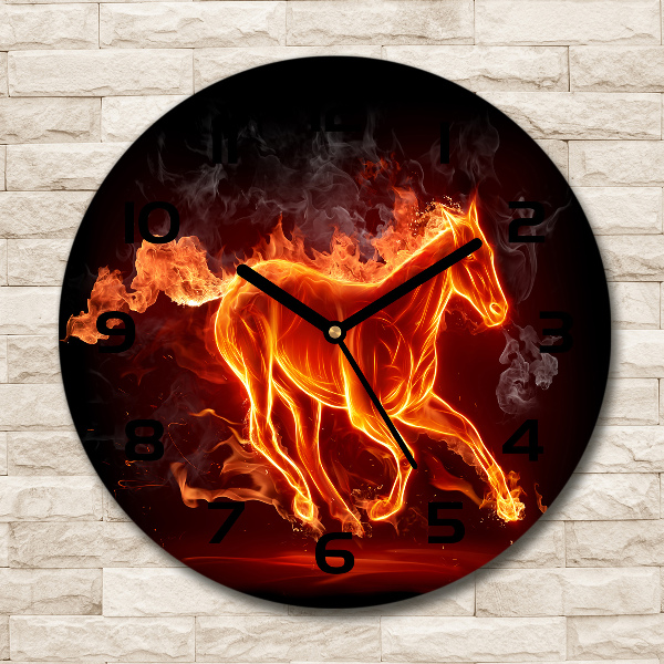 Round wall clock Horse in flames