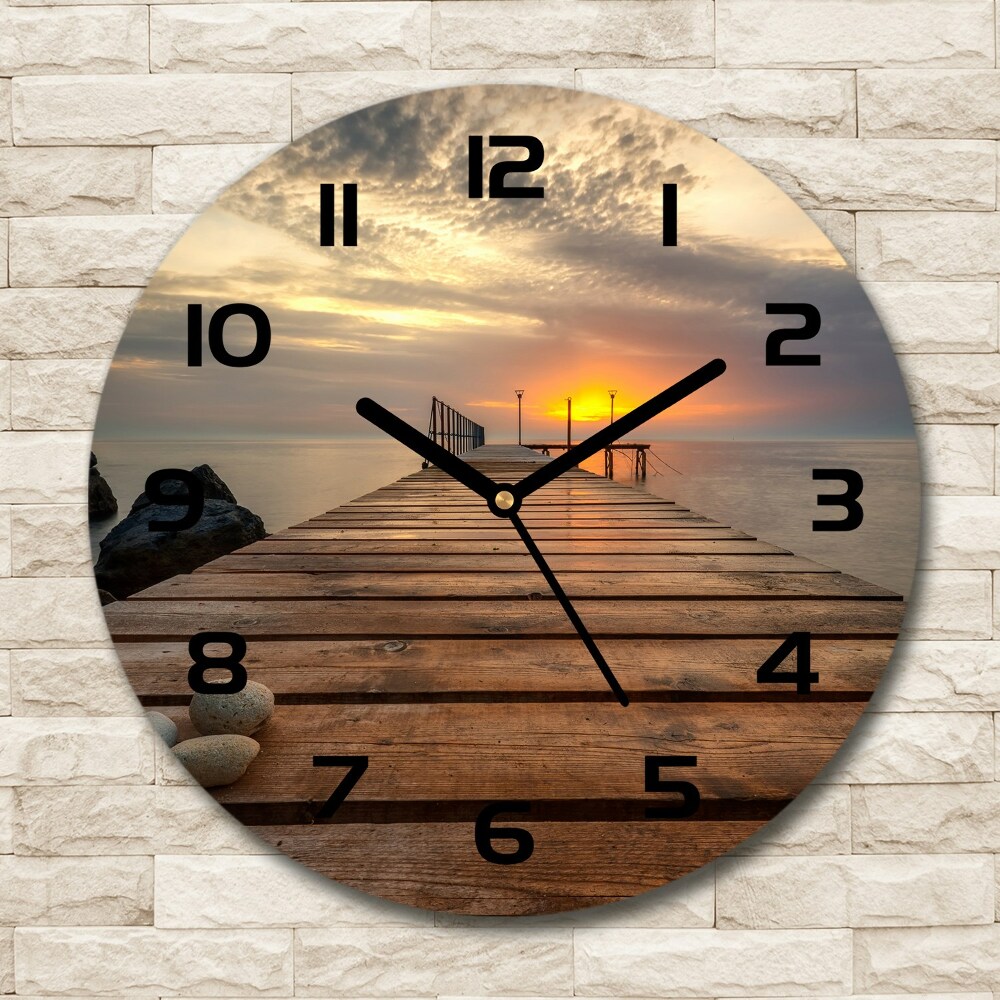 Round glass wall clock Wooden pier