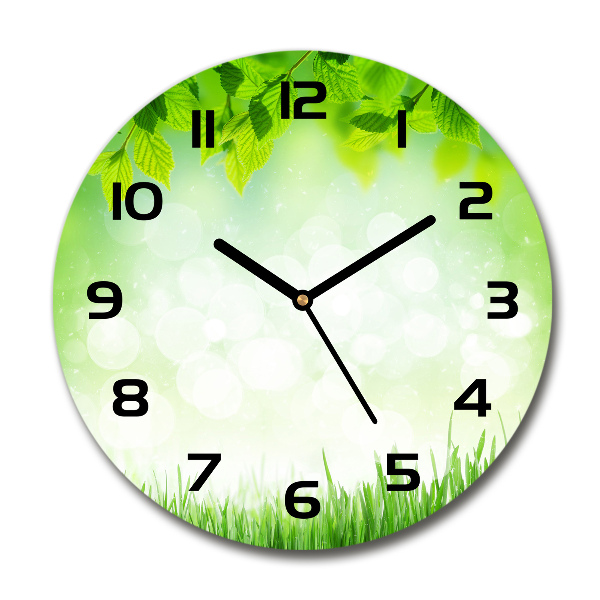 Round glass wall clock Leaves and grass