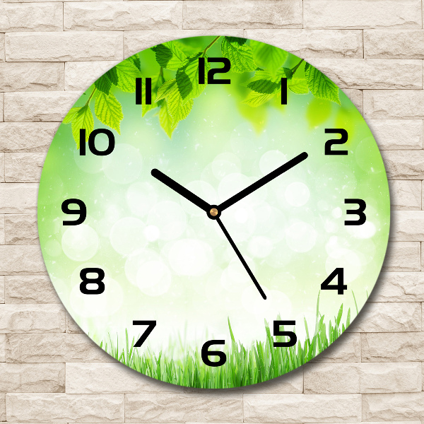 Round glass wall clock Leaves and grass