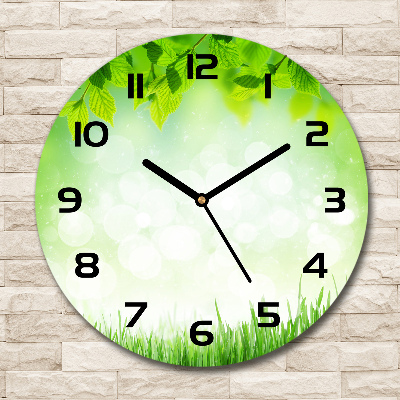 Round glass wall clock Leaves and grass