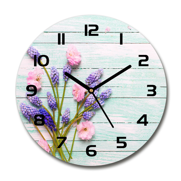 Round glass wall clock Lavender on wood