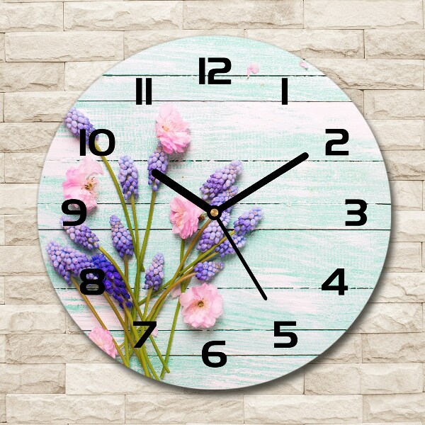 Round glass wall clock Lavender on wood