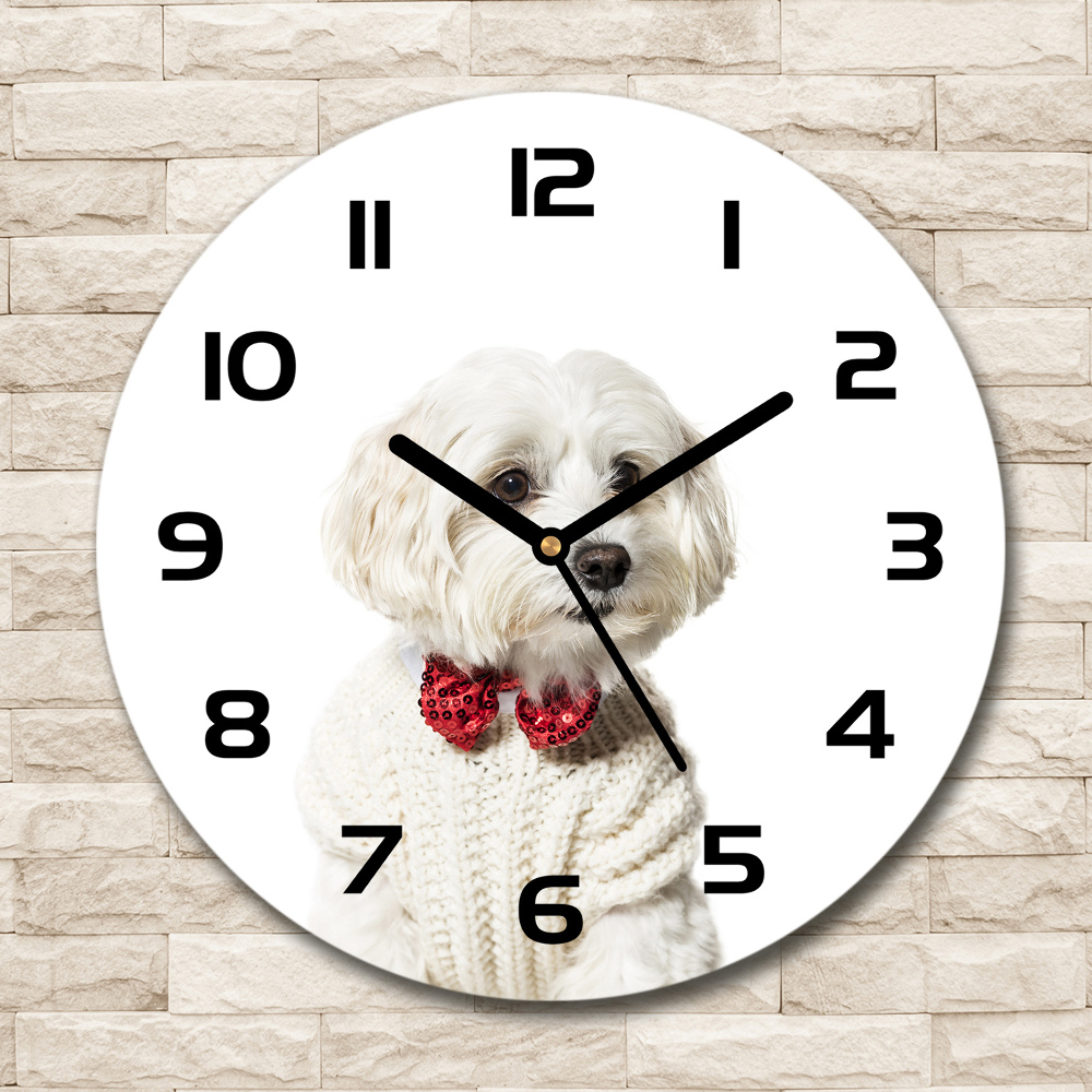 Round wall clock Maltese in a bow tie