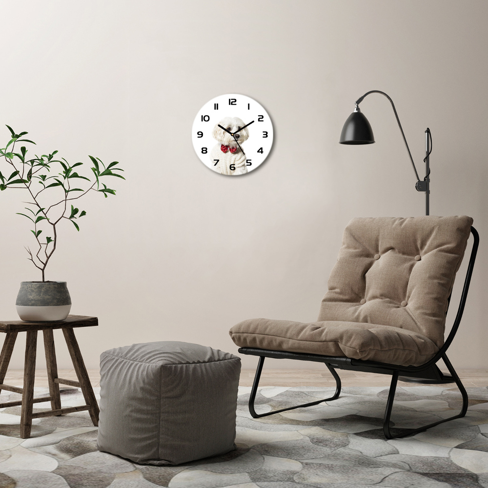 Round wall clock Maltese in a bow tie