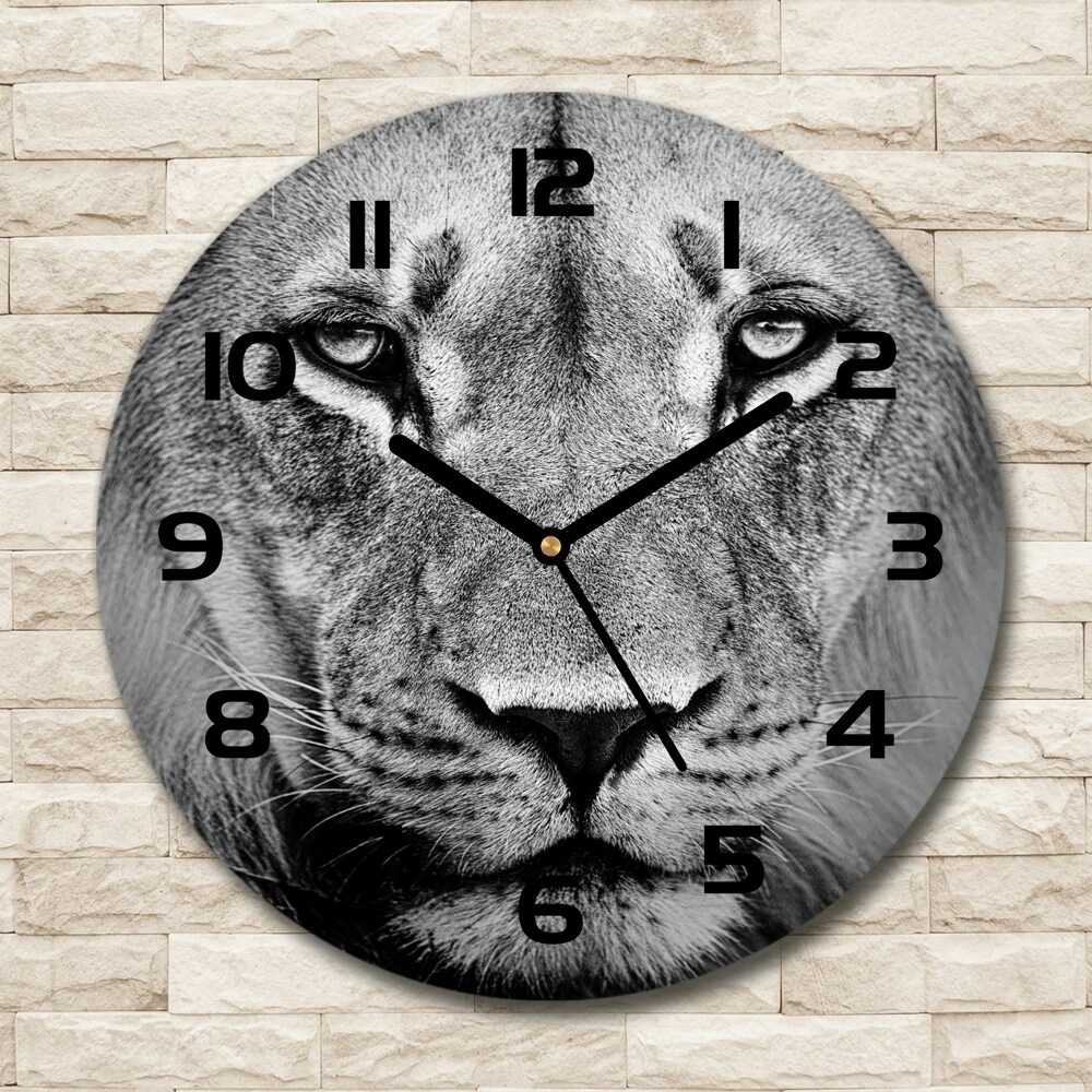 Round glass wall clock Portrait of a lion