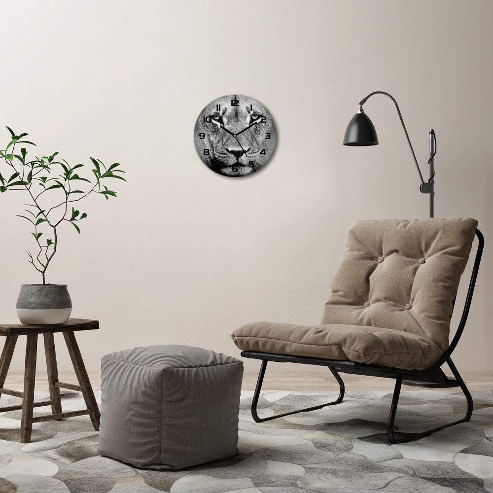 Round glass wall clock Portrait of a lion