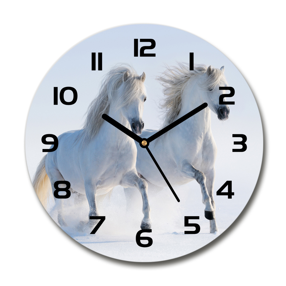 Round wall clock Two horses in the snow