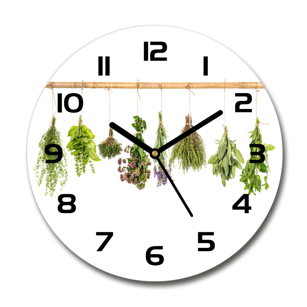 Round glass clock Herbs on a string