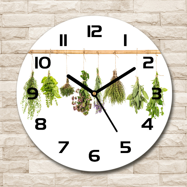 Round glass clock Herbs on a string