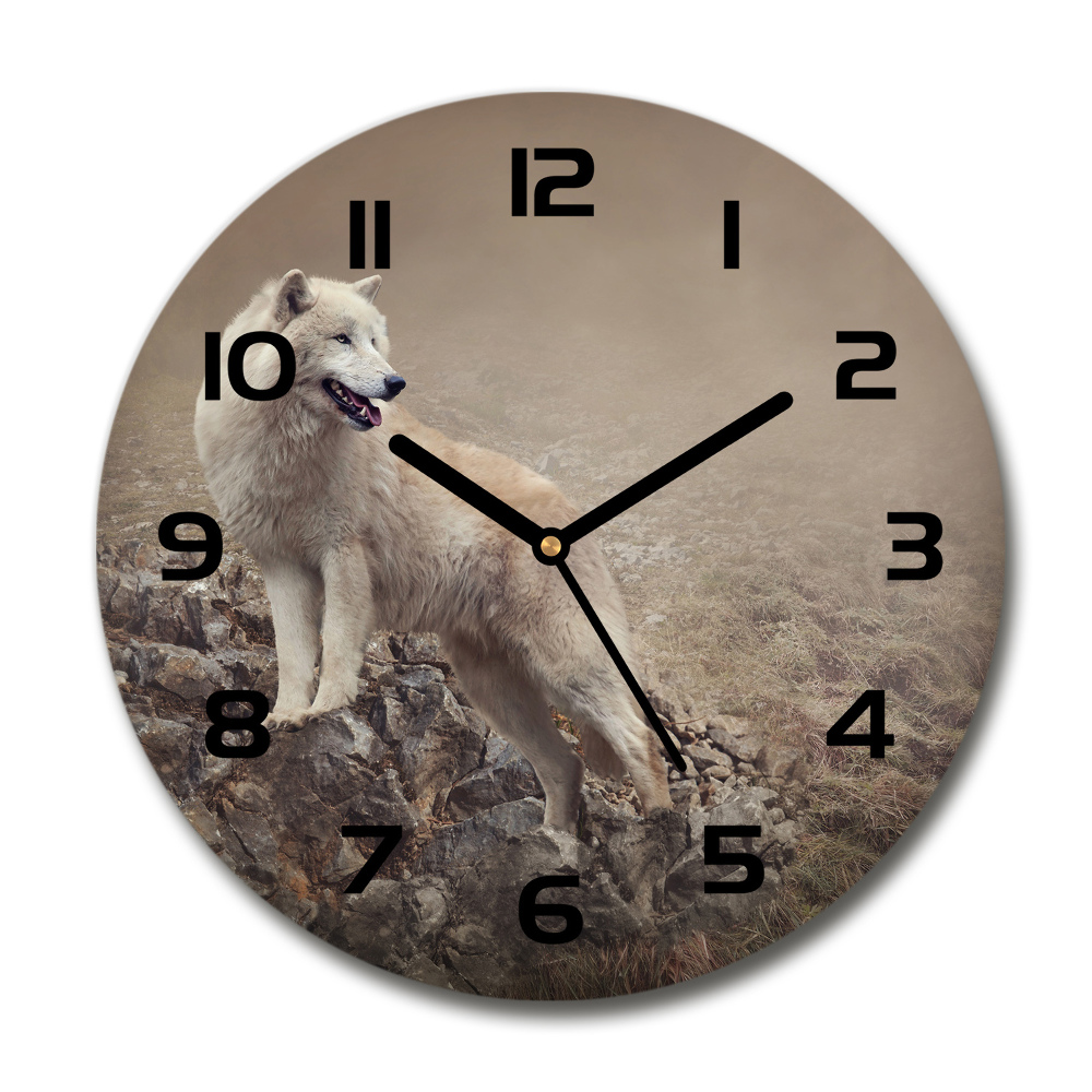 Round wall clock White wolf on the rock