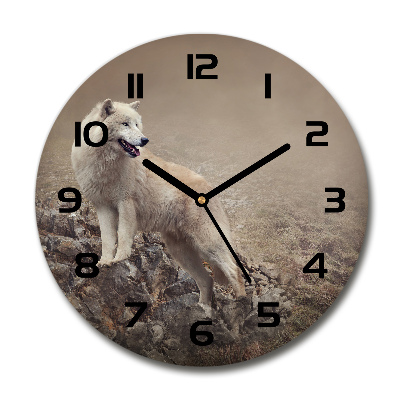 Round wall clock White wolf on the rock