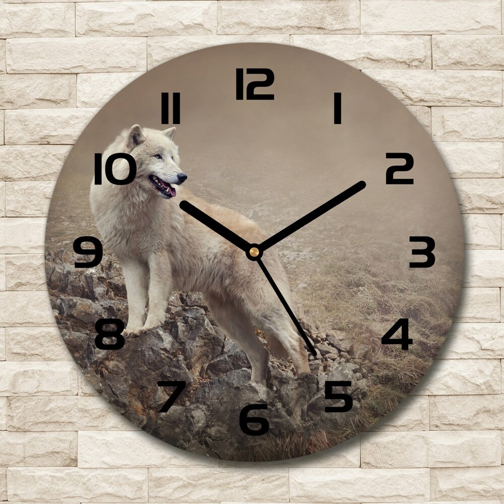 Round wall clock White wolf on the rock