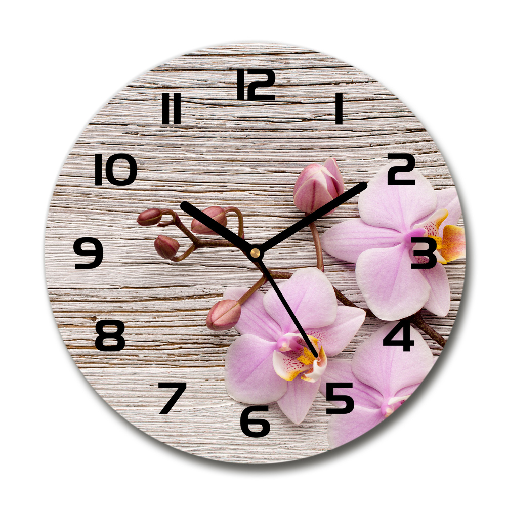 Round wall clock Orchid on wood